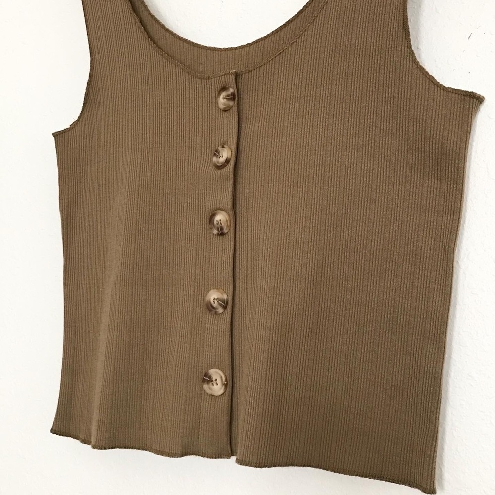 90s Vintage Brown Scoop Neck Ribbed Tank w/buttons - Picture 6 of 6